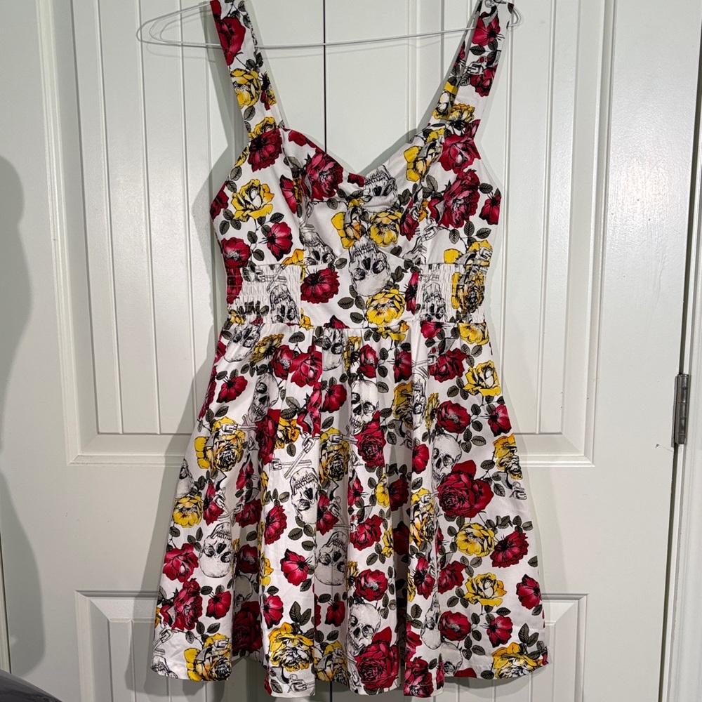 Hot Topic Red & Yellow Roses with Skulls and Guns  Mini Dress